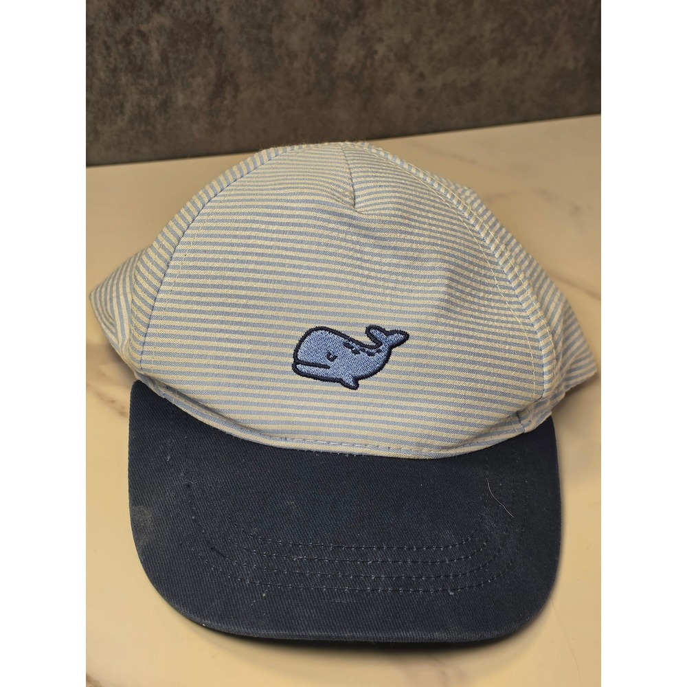 Addie & Tate Toddler Seersucker‎ Whale Baseball Cap Blue White Striped Navy Brim